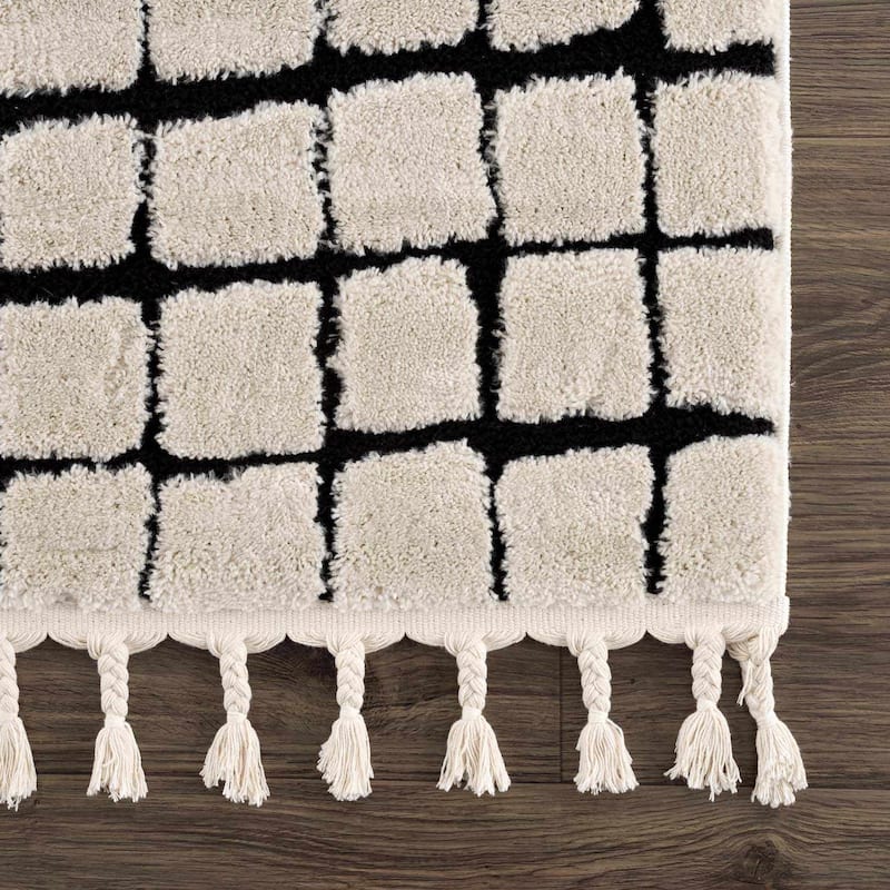 Hauteloom Shag Farmhouse Tasseled Cream & Black Area Rug