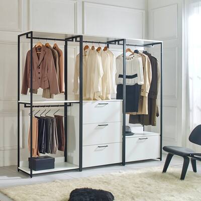 Garment Rack White Freestanding Walk in Wood Closet System with Metal Frame and 4-Drawer, Bedroom Clothing Armoires