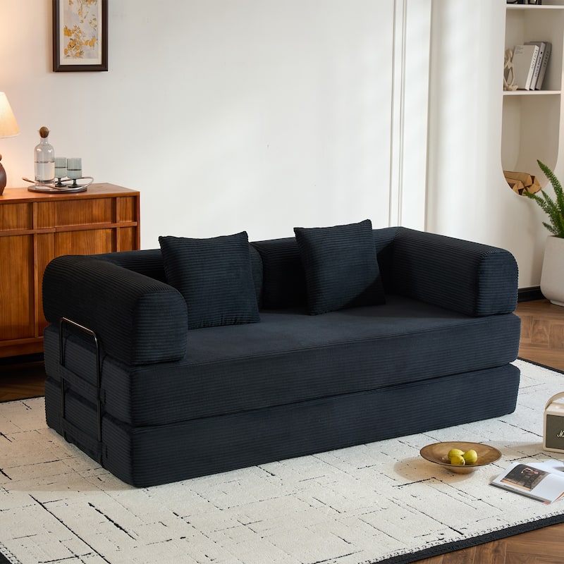 Convertible Sleeper Sofa Bed with Pillow, Corduroy Folding Mattress Couch with Fixed-Shape Frame, Floor Lounge Loveseat Sofa - Black