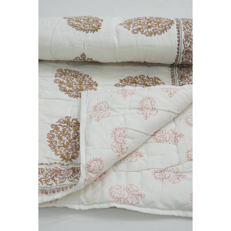 Fabdivine Floral Print Cotton Traditional Bedding Quilt Guldasta Brown Pink, Handmade Reversible Bedspread for Bedroom Decor