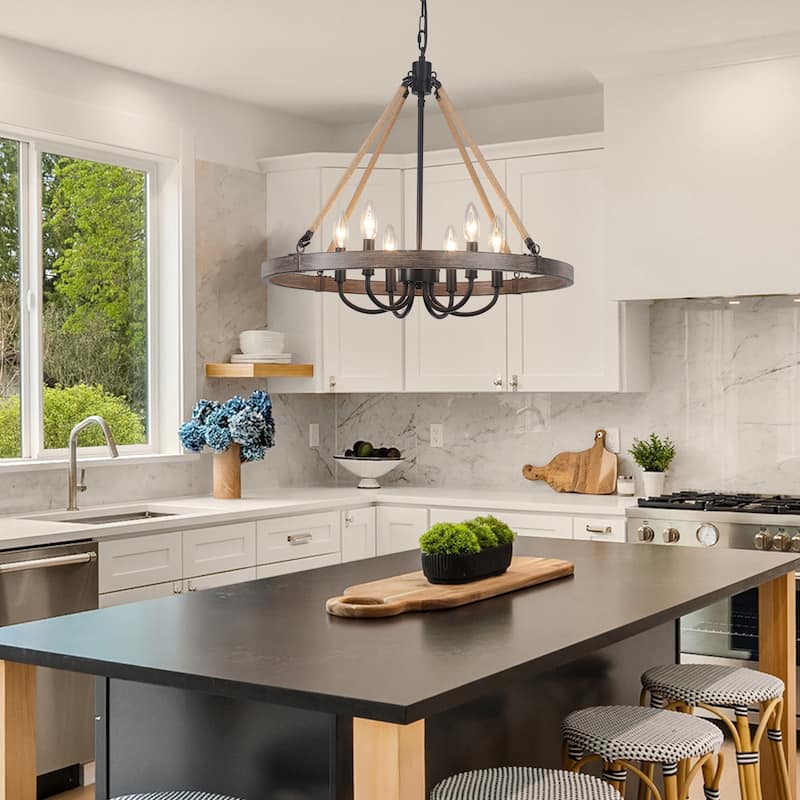 6 - Light Rustic Farmhouse Wagon Wheel Candle Style Chandelier for Living Room Bedroom Dinging Room