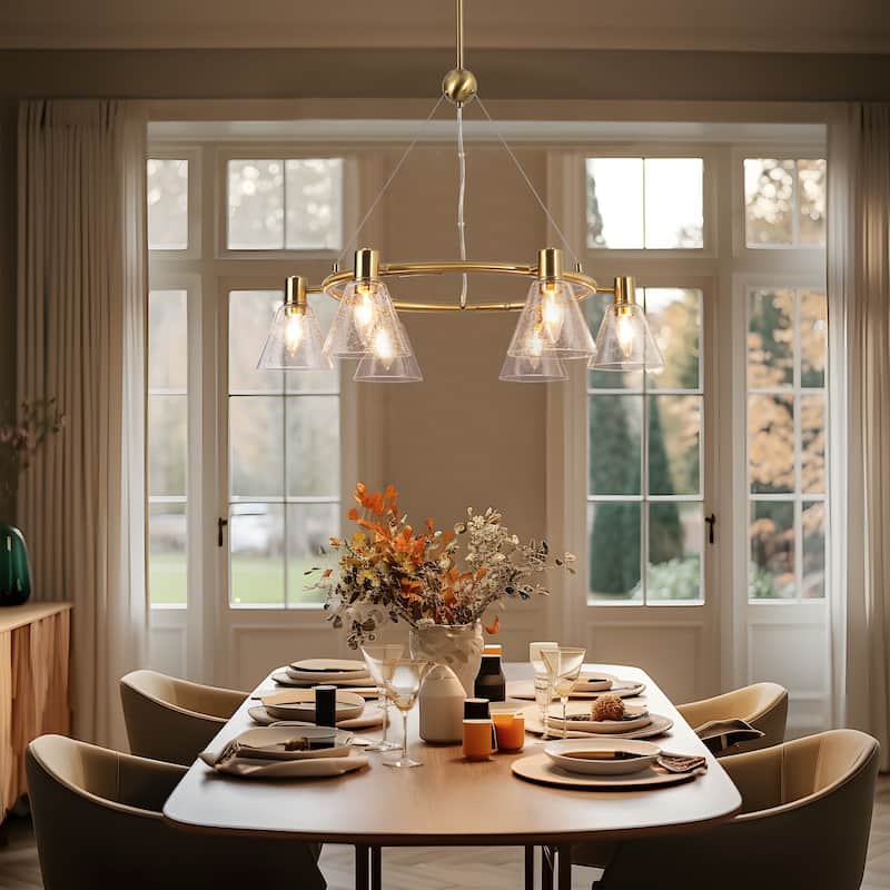 Veyra Modern 6-Light Gold Wagon Wheel Seeded Glass Chandelier - Brushed Electroplated Copper - Dia.27"xH21"