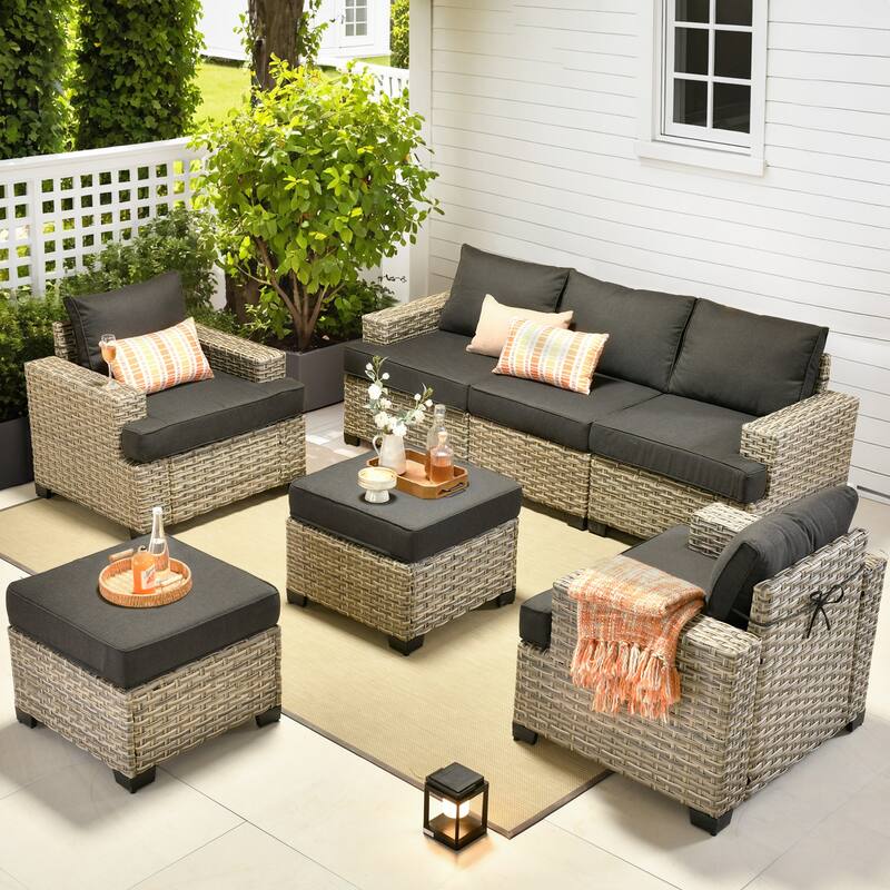 OVIOS 7-Piece T Shaped Seat Wide Armrest Patio Conversation Set - Black