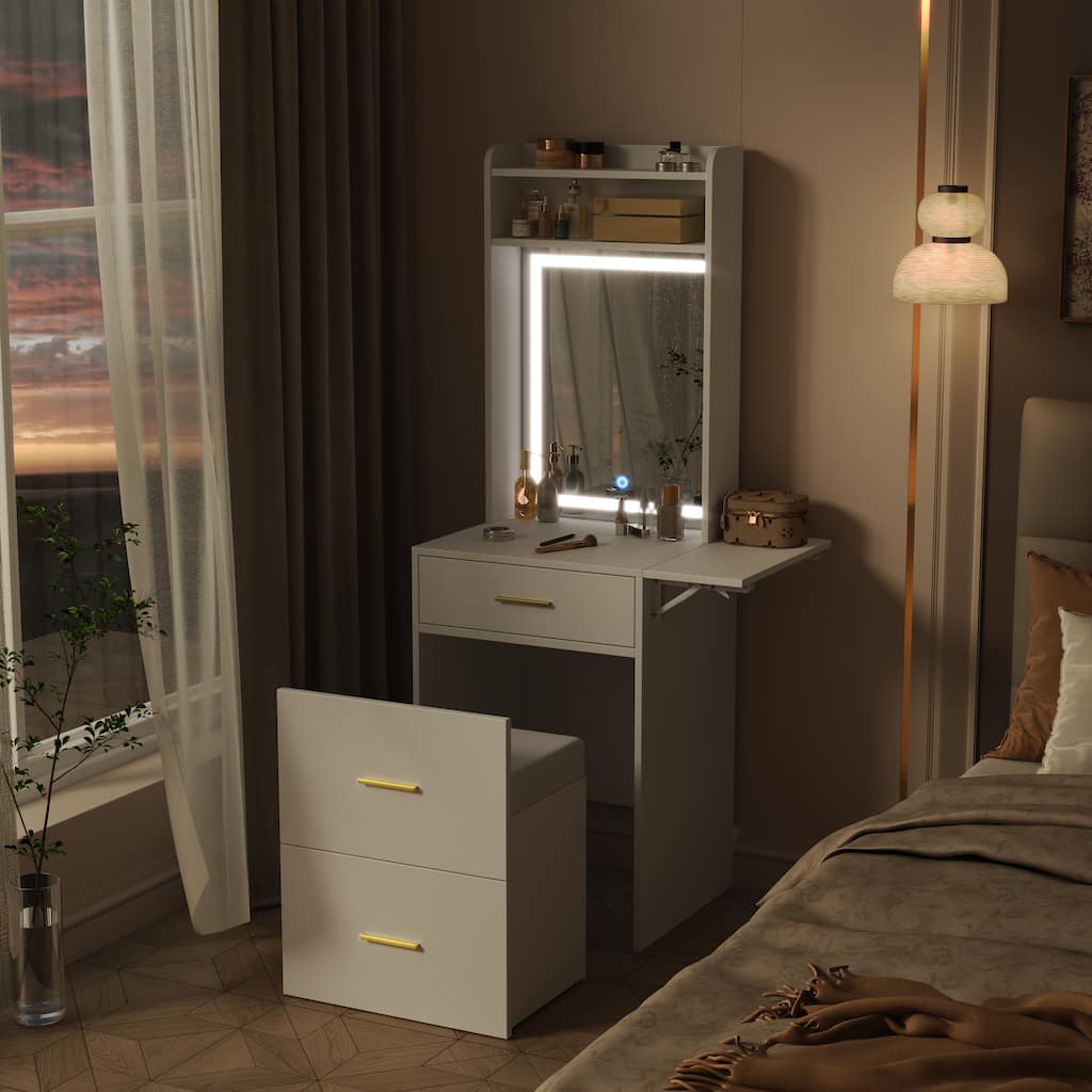 3 in 1 Makeup Vanity Desk, Wooden Dressing Table with Charging Station Fold-up Panel Small Makeup Vanity with Hidden Stool