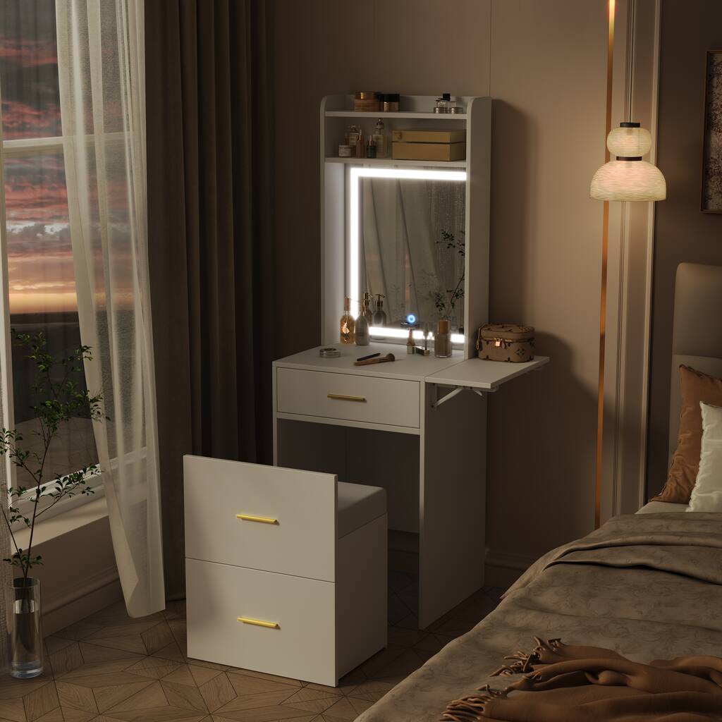 Dressing Table With Charging Station & Fold-Up Panel For Small Space, Compact Makeup Vanity Set With Hidden Stool