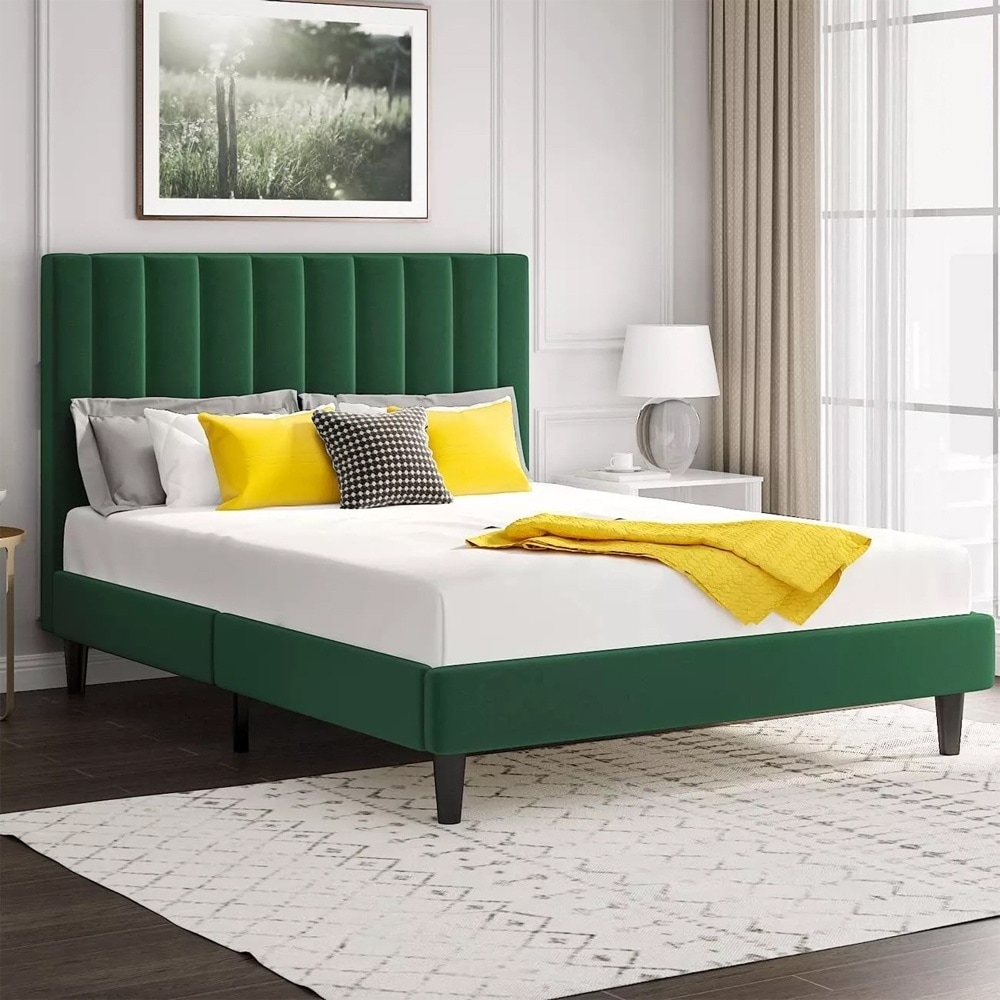 Full Size Velvet Upholstered Vertical Channel Platform Bed Headboard