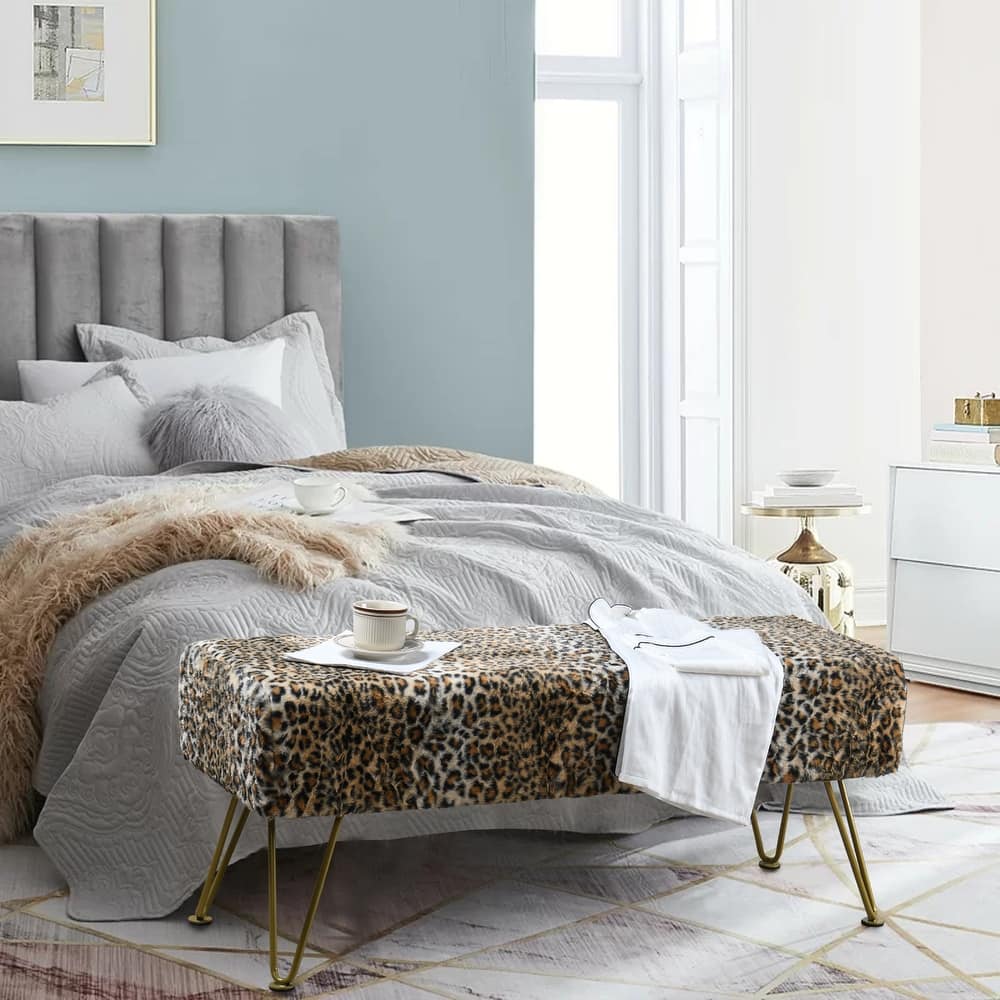 Home Soft Things Leopard Fauxfur Ottoman with Gold Metal Legs