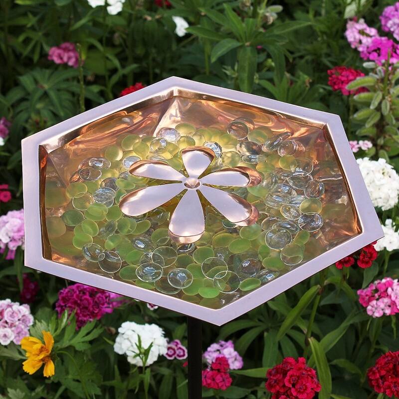 Achla Designs Hexagonal Copper Bee Fountain & Birdbath w/Stake, 40 Inch Tall, Copper Plated Finish