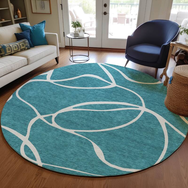 Machine Washable Indoor/ Outdoor Abstract Modern Chantille Rug - Teal - 8' x 8'
