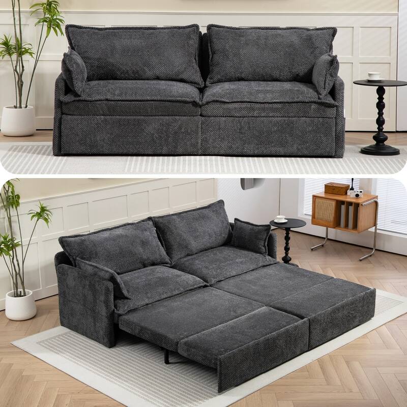 73.6" Corduroy Convertible 3-in-1 Sofa Bed with Charging Ports - Grey