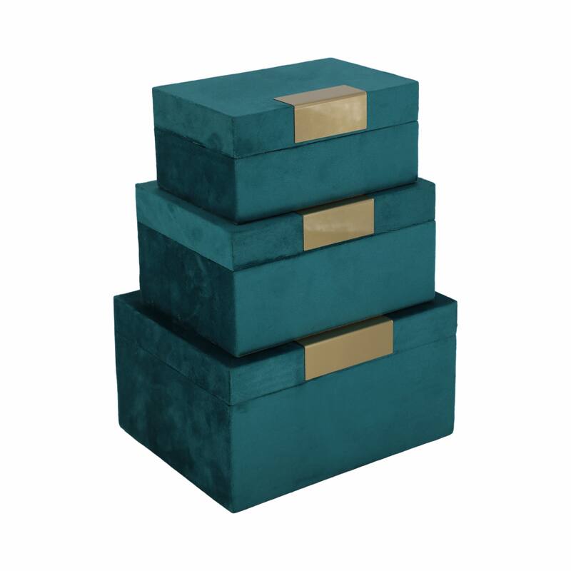 Wood & Velvet Storage Boxes with Gold Accents, Set of 3 - 9" x 7" x 5"