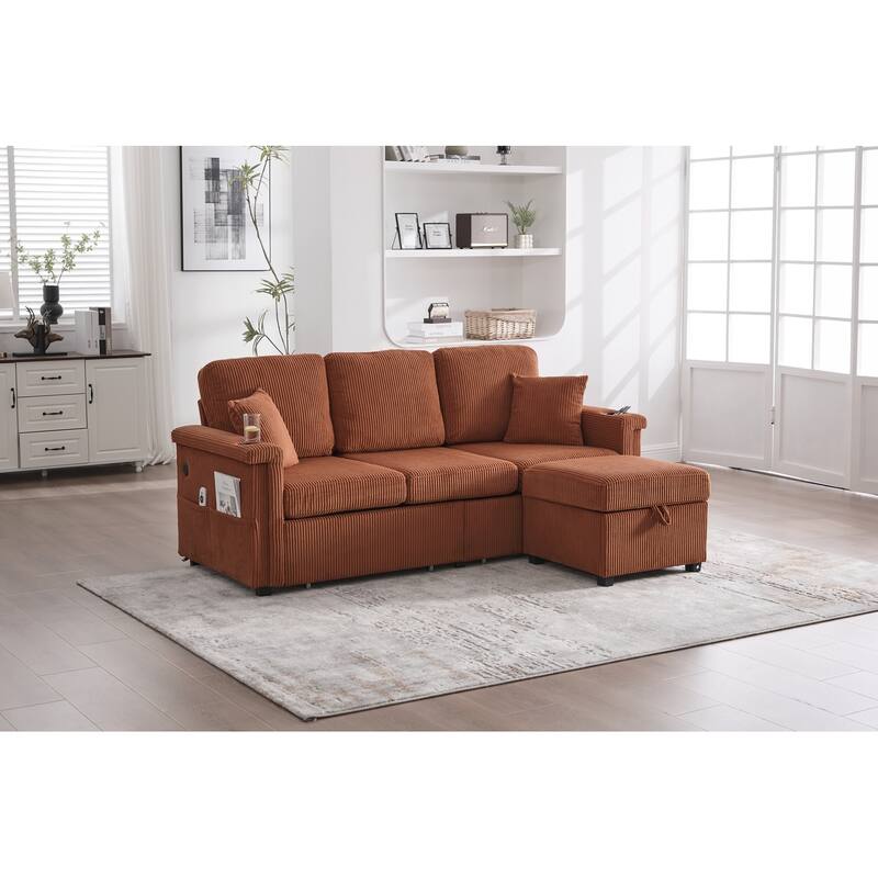 L-Shaped Sectional Sofa with Pull-Out Storage,Ottoman & Pillows 3-Seat with USB Charging,Cup Holder, Convertible Design