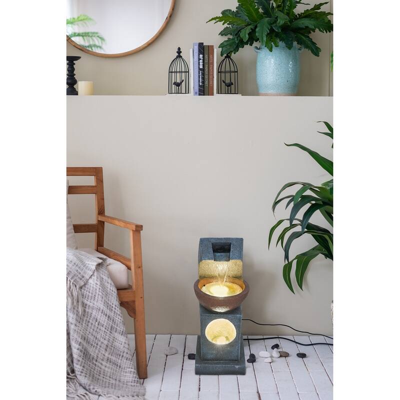 9.4x9.1x23.8" Black and Brown Sculptural Water Fountain with Bowl Basin, with Light and Pump, for Indoor and Outdoor