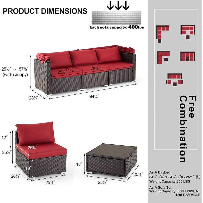 Erommy 6-Piece Patio Set - Rattan Daybed with Canopy & Adjustable Backrest