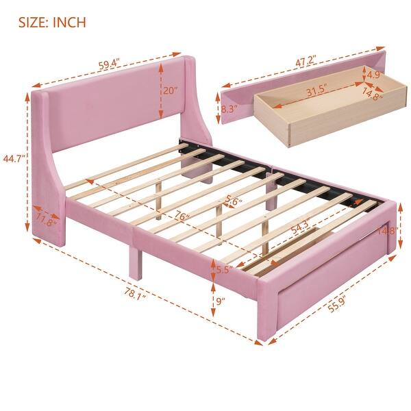 Full Upholstered Bed with Velvet Headboard and Storage Drawer