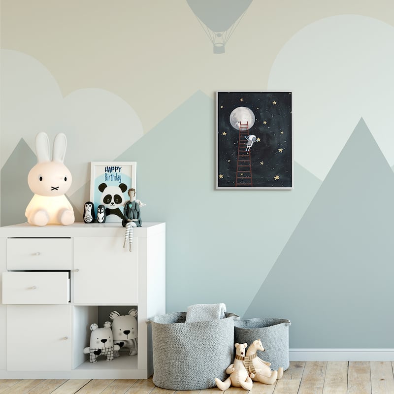 Stupell Astronaut Hanging Stars Outer Space Ladder to Moon Framed Giclee Texturized Art by Rachel Nieman