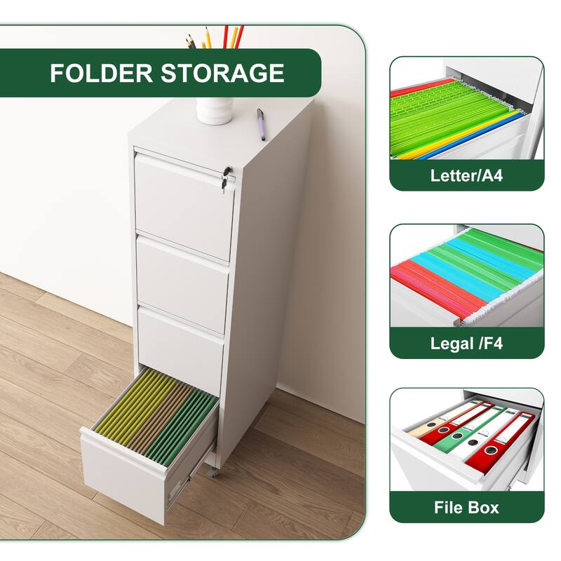 GDFStudio - Bexley 4-Drawer Locking Vertical File Cabinet with Wheels, Heavy-Duty Metal Storage