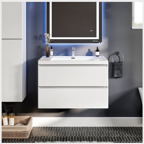 Glazzy 24 in. W x 16 in. D x 25 in. H Floating Bathroom Vanity in White with White Acrylic Top with White Sink