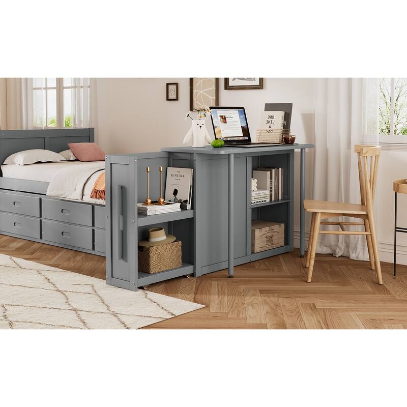 Twin Size Multifunctional Wood Platform Bed with Desk and Storage Shelf at the End of the Bed, Built-in Trundle and 3 Drawers