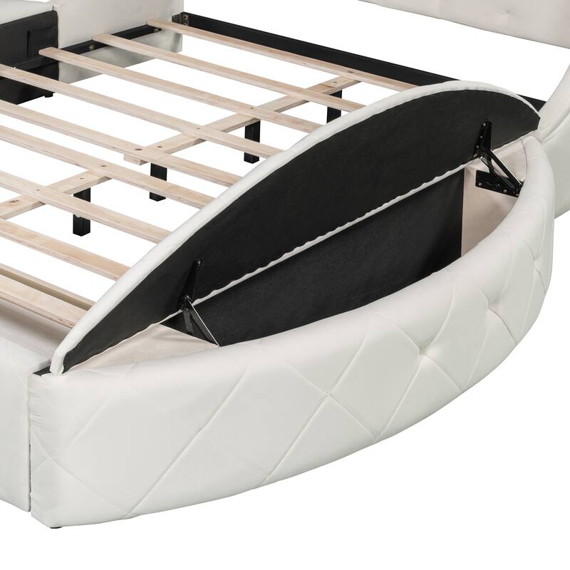 Low Profile Bed Queen Size Velvet Upholstered Platform Bed with Wingback Headboard, Big Drawer and 2 Semicircle Side Stools