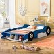 preview thumbnail 1 of 7, Blue Cool Pine Wood Race Car Platform Bed with Rear Wing and Front Spoiler, Safety Rails, Wheels, Easy Assembly Full - Blue