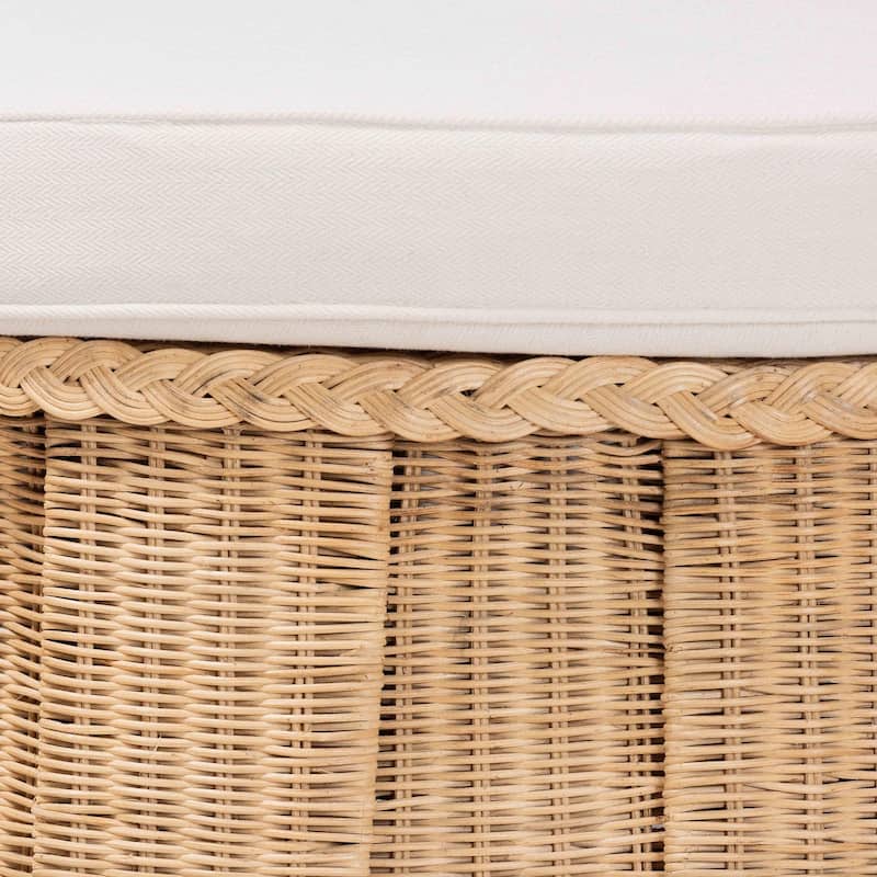 Ying Round Natural Rattan Ottoman with Cushion - Handwoven Wicker Pleated Skirt Accent Coffee Table or Extra Seating