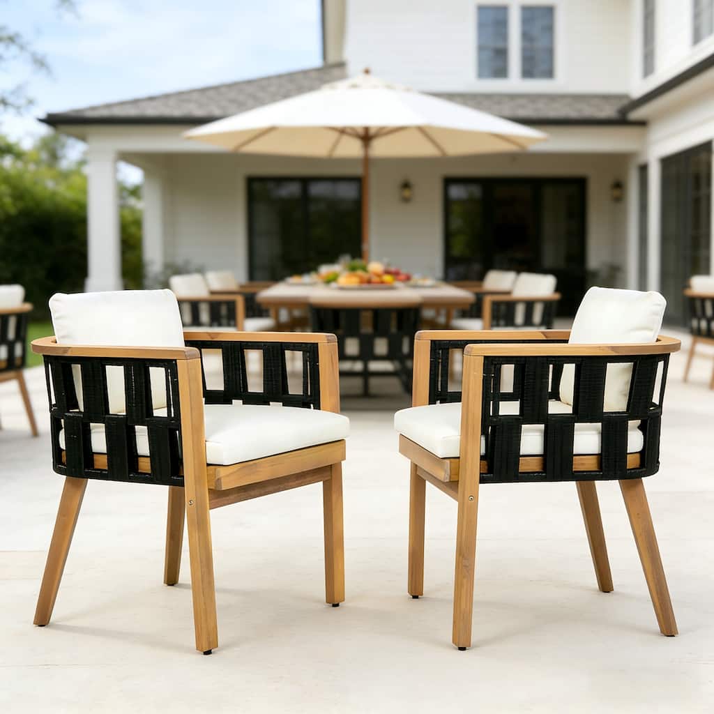 Christopher Knight Home Marrick Patio Acacia Wood Dining Chair with Cream Cushion and Black Flat Rope