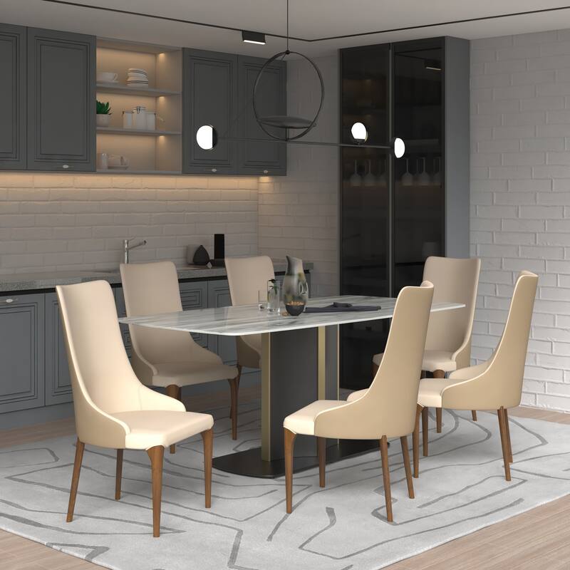 7-Piece Dining Set with 55-Inch Sintered Stone Dining Table and 6 Velvet/Leather Accent Side Chairs