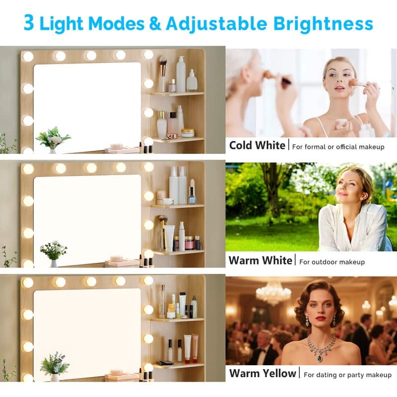 Particle Board Veneered with Textured Melamine, 5-drawer 2-Shelf, comes with 11 Three-color Dimmable Bulbs, Dressing Table Set