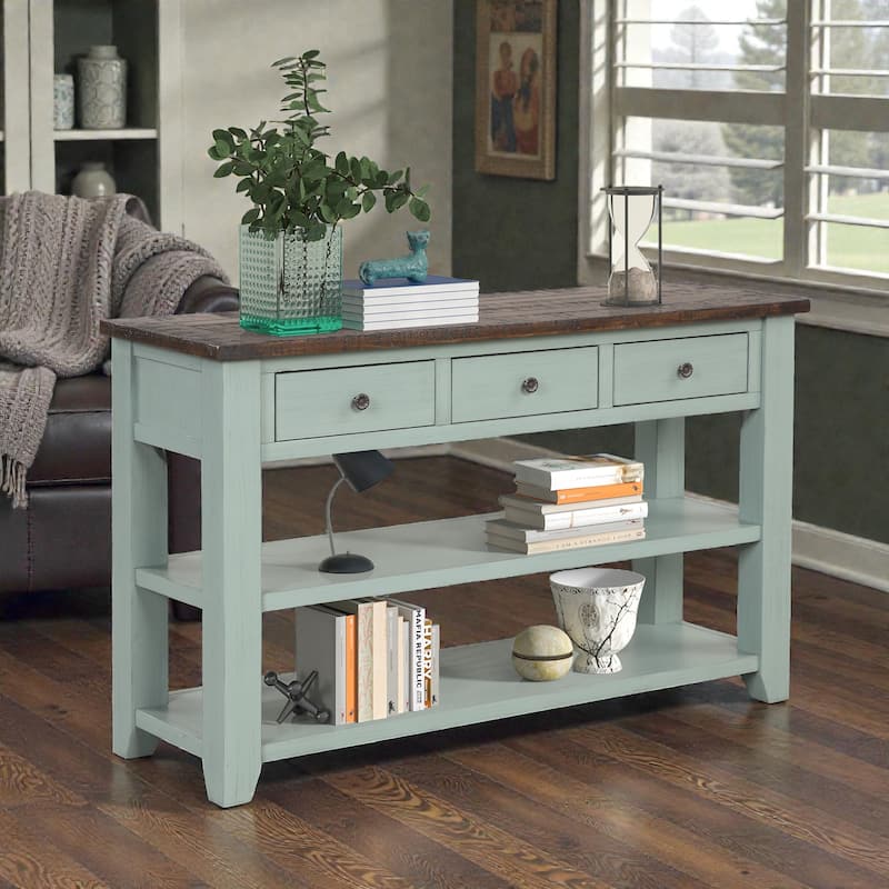 48 Inch Solid Pine Wood Console Table with 3 Drawers & 2 Shelves, Vintage Entryway Sofa Table for Hallway & Living Room