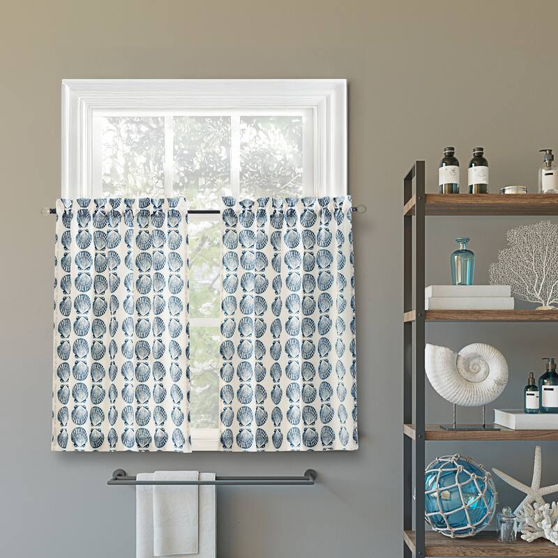 No. 918 Sandbar 2-Piece Tonal Seashell Print Semi-Sheer Rod Pocket Kitchen Curtain Tier Pair