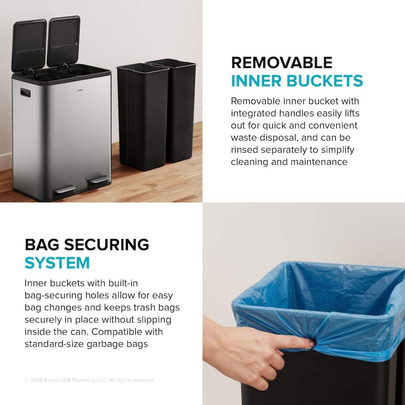 KRAUS WasteGuard 15.8 G 60 L Dual Compartment Pedal Kitchen Trash Can