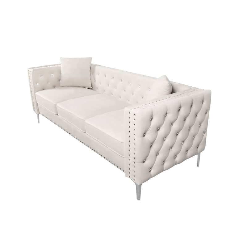 82.3" Width Modern Velvet Sofa Jeweled Buttons Tufted Square Arm Couch ,2 Pillows Included,Beige,4 colors