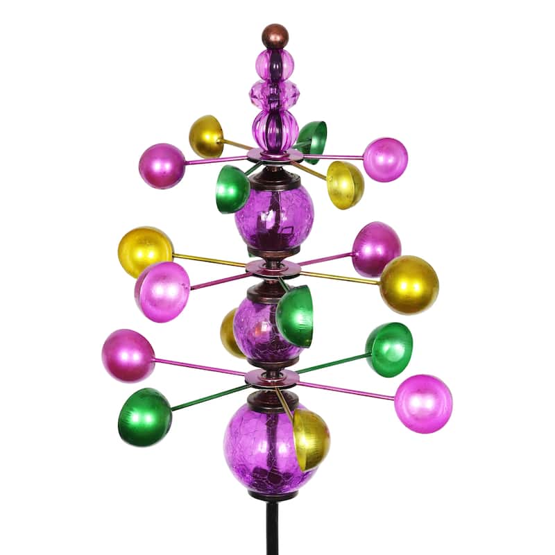 Exhart Three Tier Wind Spinner Garden Stake with Glass Crackle Balls, 14 by 48 Inches