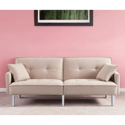 HomeRoots 85" Beige Polyester Blend Convertible Futon Sleeper Sofa And Toss Pillows With Silver Legs - 85
