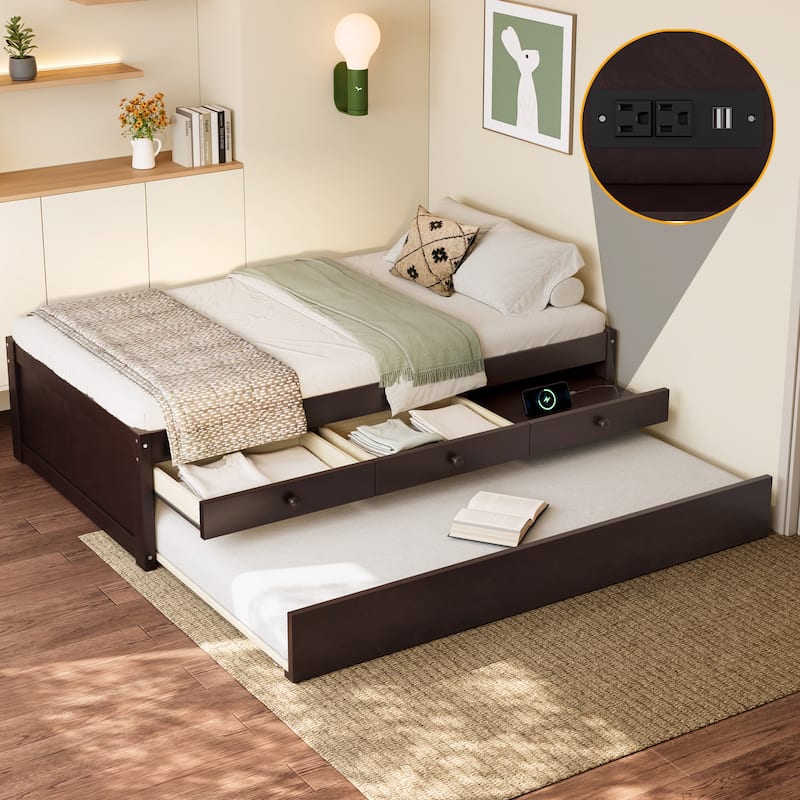 Full/Twin Platform Bed with Trundle, 2 Drawers & Built-in Power Outlets - Espresso - Twin