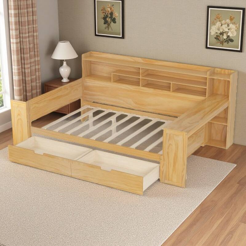 Twin Size Wooden Daybed with Built-in Study Desk, Side Storage Shelves & Two Large Drawers, Space-Saving Multi-Functional Bed - Full Natural - Full