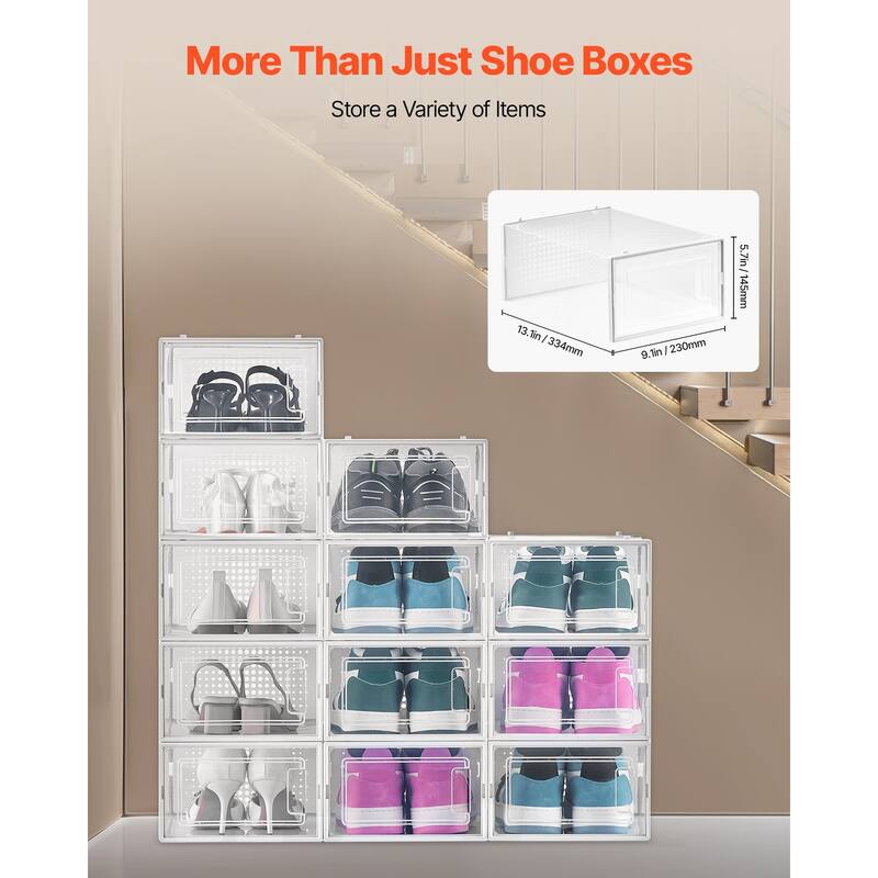 White Stackable Shoe Storage Boxes with Clip Lock Door, Ventilation and Tool-Free Assembly - 13.1 x 9.1 x 5.7 in
