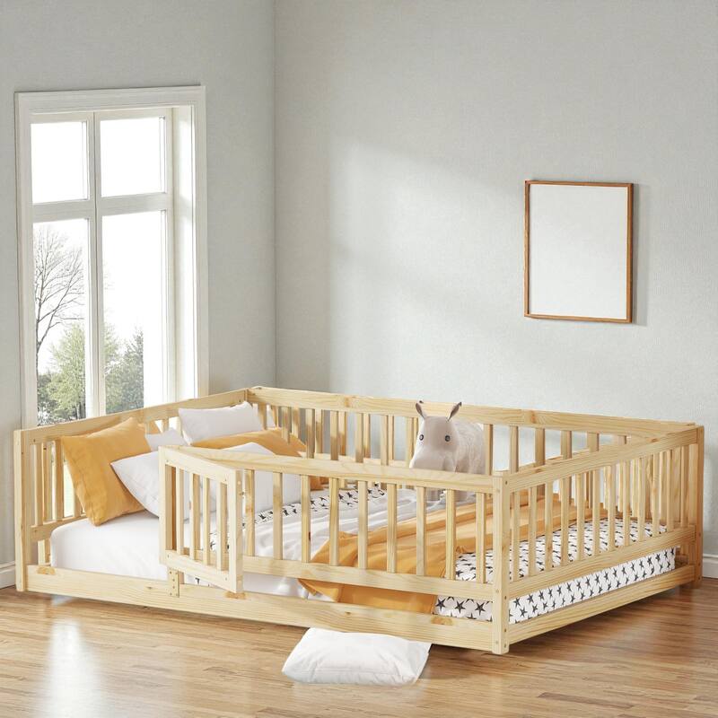 Twin/Full Montessori Floor Bed with Slats, Fence and Door, Wood Low Kids Bed for Girls and Boys, No Box Spring Needed