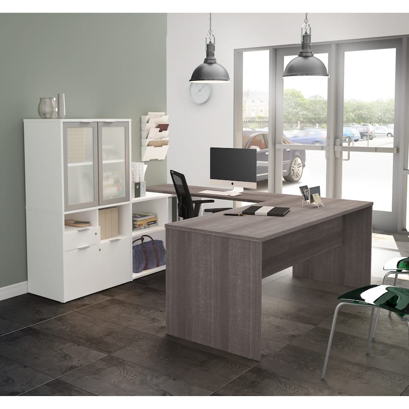 Bestar i3 Plus U-Desk with Frosted Glass Door Hutch