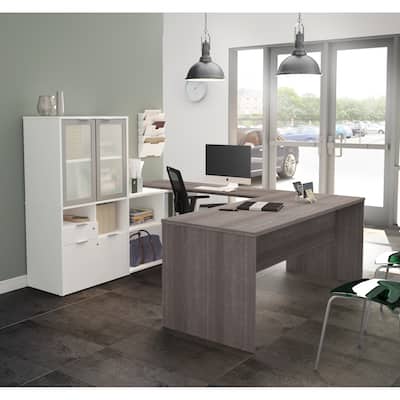 Bestar i3 Plus U-Desk with Frosted Glass Door Hutch