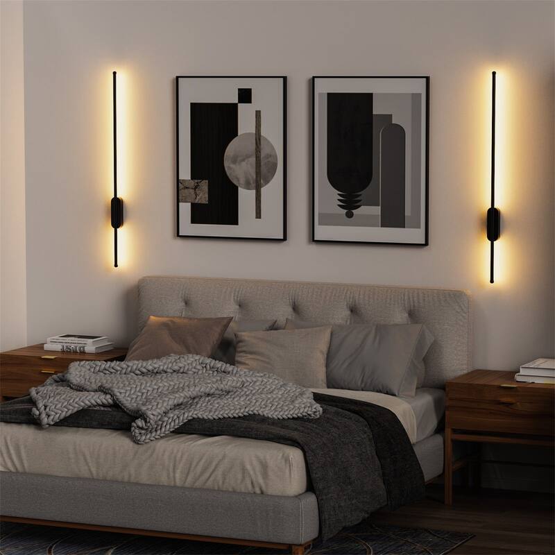 Set of 2 Linear Wall Lights, Minimalist Bedside Sconces for Bedroom - Black
