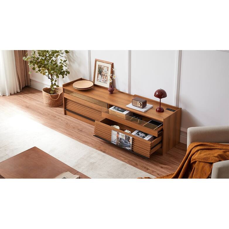LED TV Stand for TVs up to 80" Wood TV Console with 4 Storage Drawer Media Console Table with Built-in Charging Ports