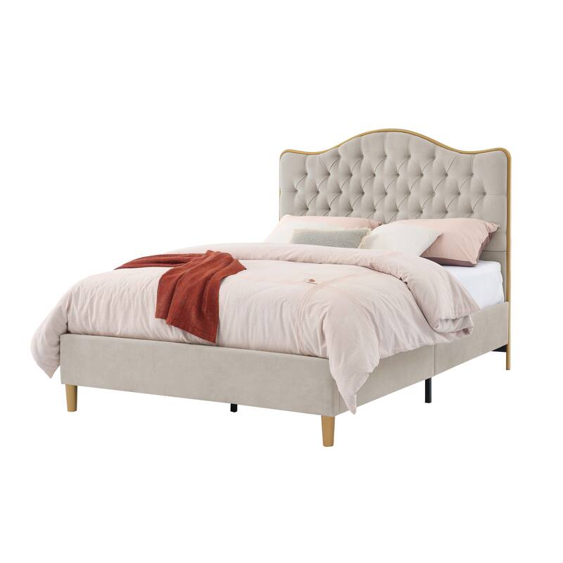 Tufted Upholstered Queen Bed Frame with Curved Headboard