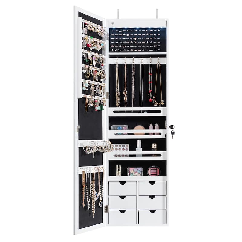 Wall Door Mounted LED Mirror Jewelry Cabinet Lockable Armoire - White