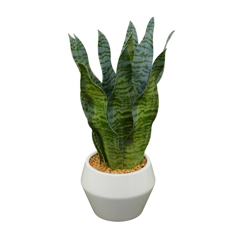Green Faux Foliage Artificial Plant with Realistic Leaves and White Porcelain Pot and Gold Stand