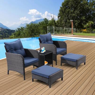 5-Piece Peacock Blue Rattan Patio Furniture Set with Ottomans and Glass Table