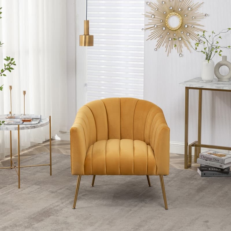 SEYNAR Modern Glam Velvet Accent Vanity Chair with Golden Metal Legs for Living Room - Mustard
