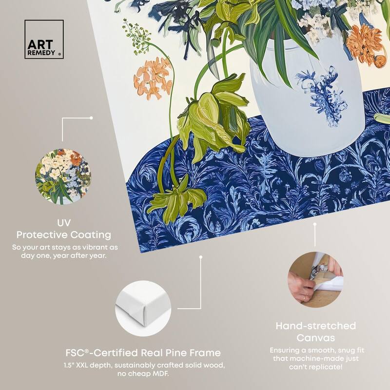 Dahlia Dream in Delft Blue Canvas by Art Remedy, Gallery Wrapped