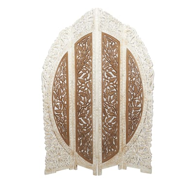 Mango Wood Floral Handmade Foldable Arched Partition 4 Panel Room Divider Screen - Brown - Roche River Decor